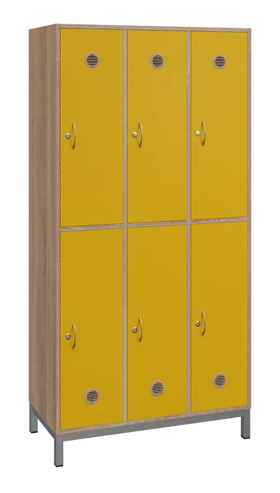 SBS-2233 šatní skříň 6-boxová, 1800x900x400 mm, kovové nohy, korpus dub bardolino, dvířka žlutá odio